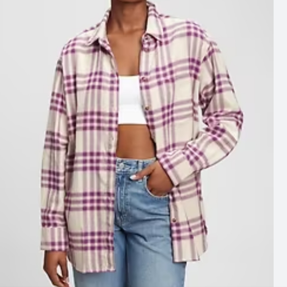 Gap Womens Oversized Purple And Tan Flannel Shirt EUC